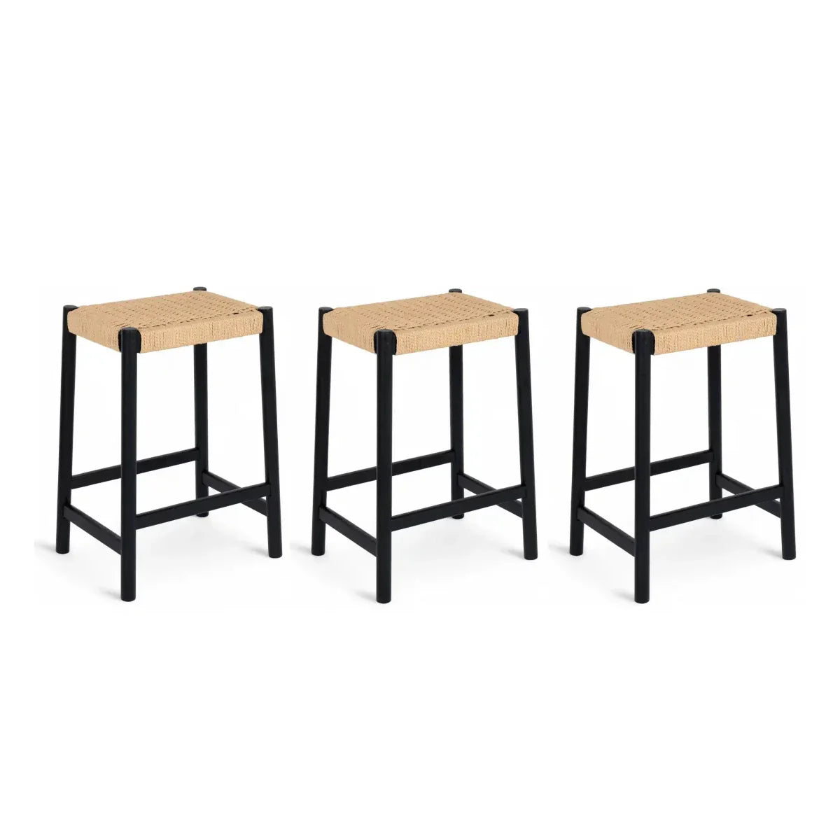 3er Set Barhocker Ida mit Geflechtsitz - Schwarz