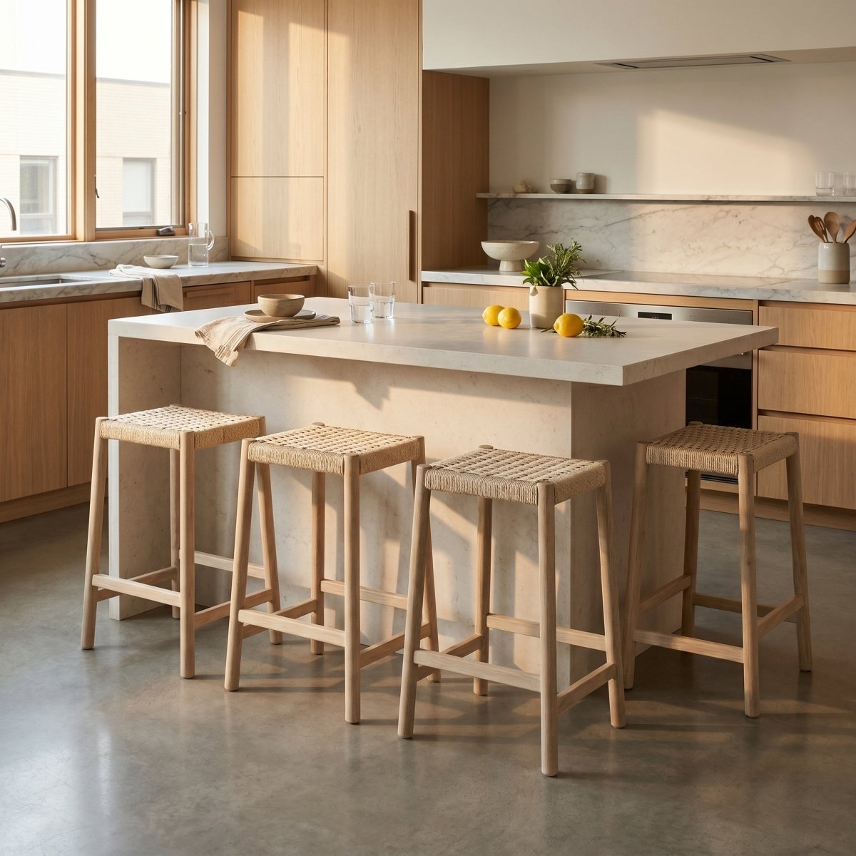 3er Set Barhocker Ida mit Geflechtsitz - Eiche bianco