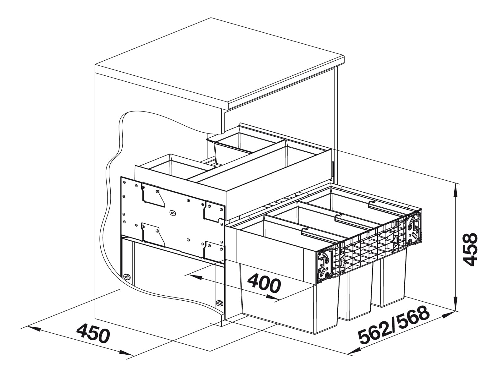 BLANCO Einbaumülleimer Select II 60/3 Orga, 526209, ab 60cm Schrankbreite, Kunststoff, 3x 15 Liter