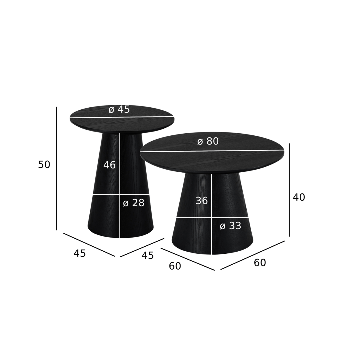 Couchtisch 2er Set ø45/60 cm - Eiche Schwarz