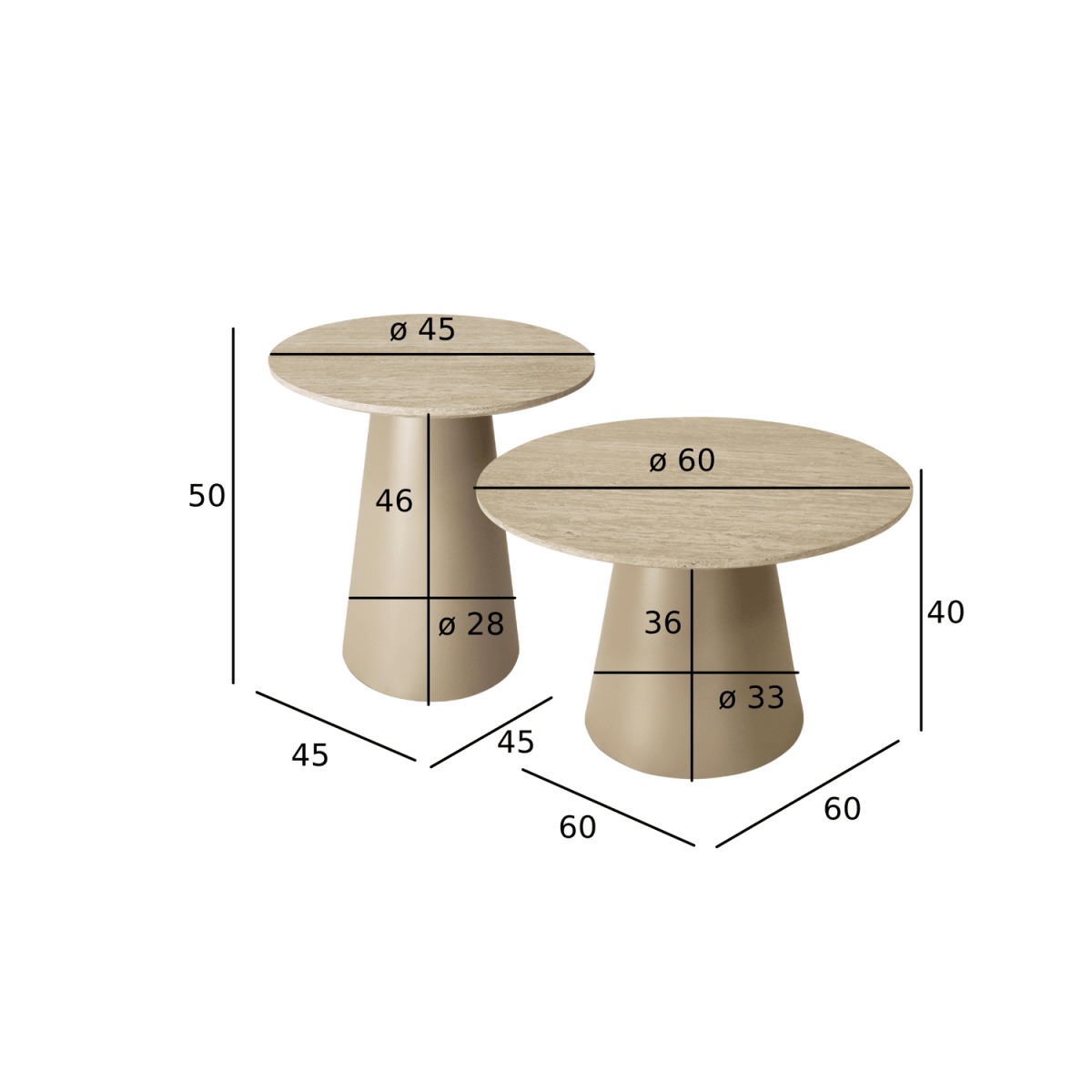 Couchtisch 2er Set ø45/60 cm - Travertine-Optik Beige