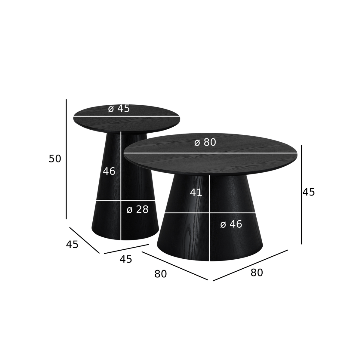 Couchtisch 2er Set ø45/80 cm - Eiche Schwarz