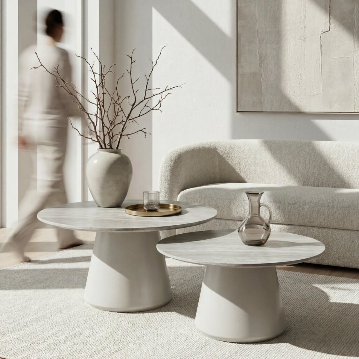 Couchtisch 2er Set ø60/80 cm - Travertine-Optik Grau