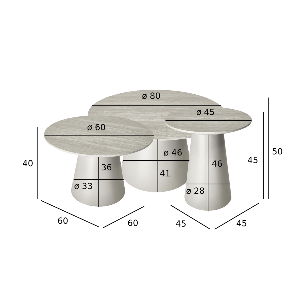 Couchtisch 3er Set ø80/60/45 cm - Travertine-Optik Grau