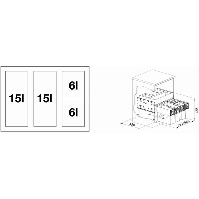 BLANCO Einbaumülleimer Select II 60/4 Orga, 526211, 60cm Schrankbreite, Kunststoff, 2x 15 & 2x 6 Liter