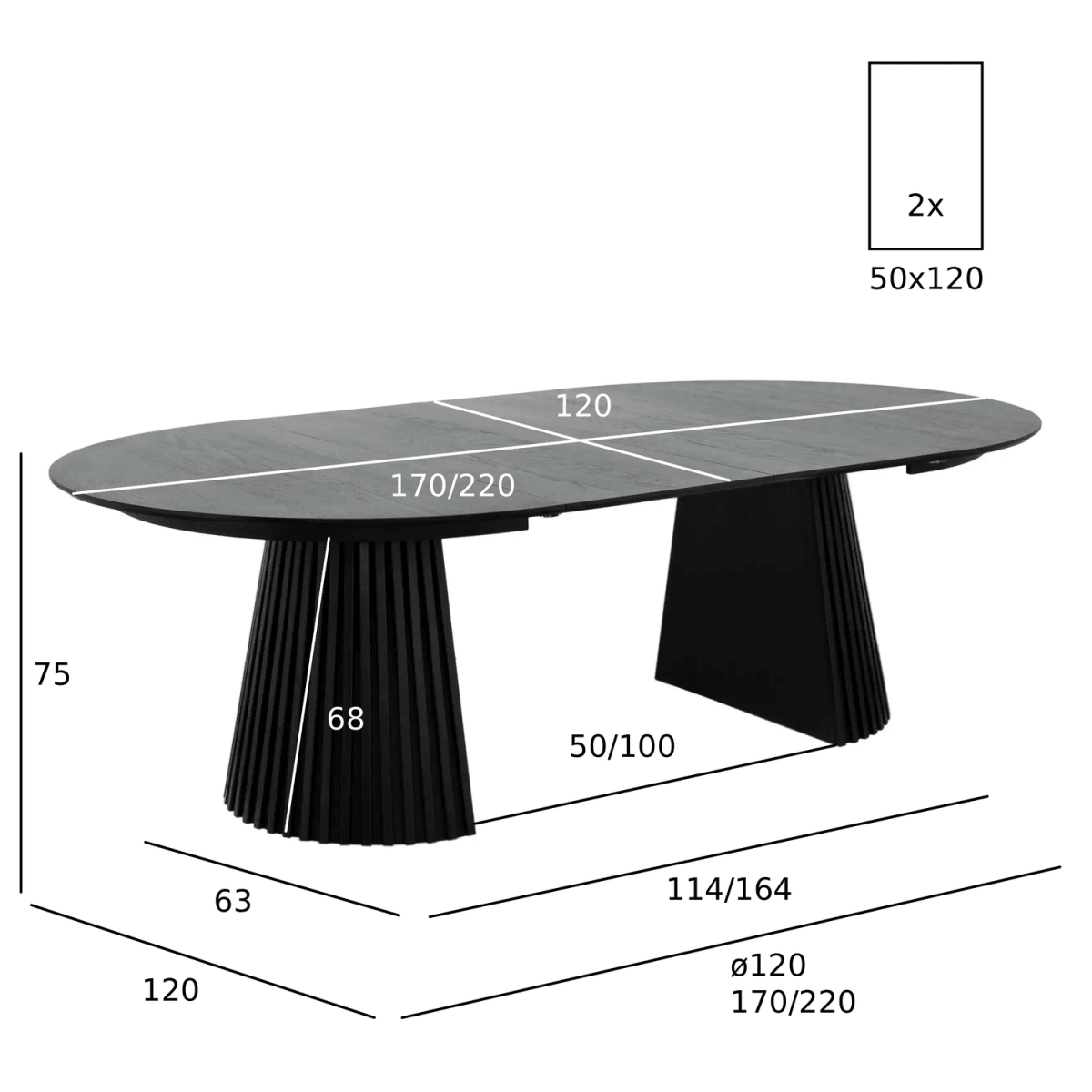 Essgruppe mit 4 Stühle und Esstisch - ø120 cm - Ausziehbar bis 220 cm Schwarz