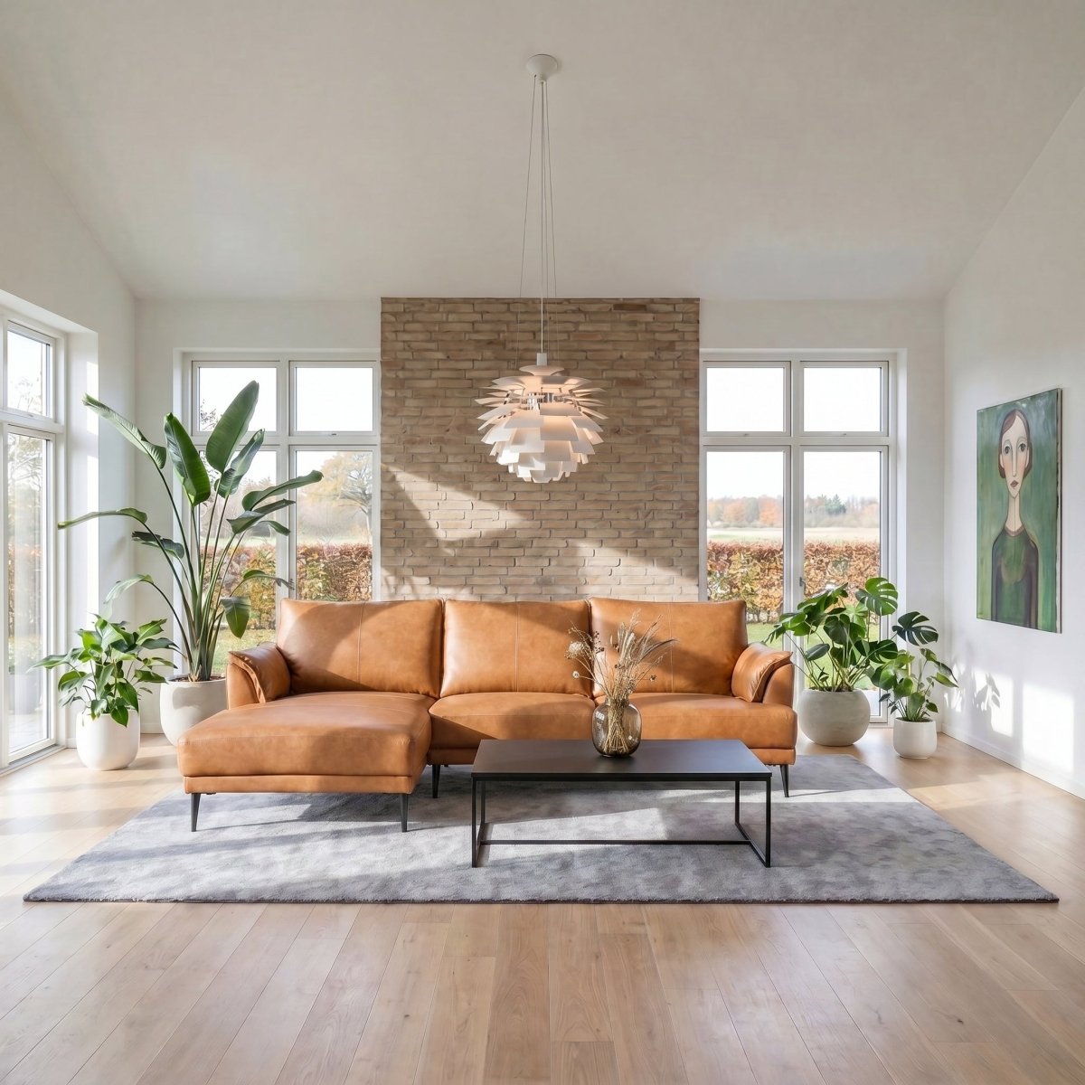 L-Form Ledersofa mit Ottomane Links - Echtleder Cognac Braun