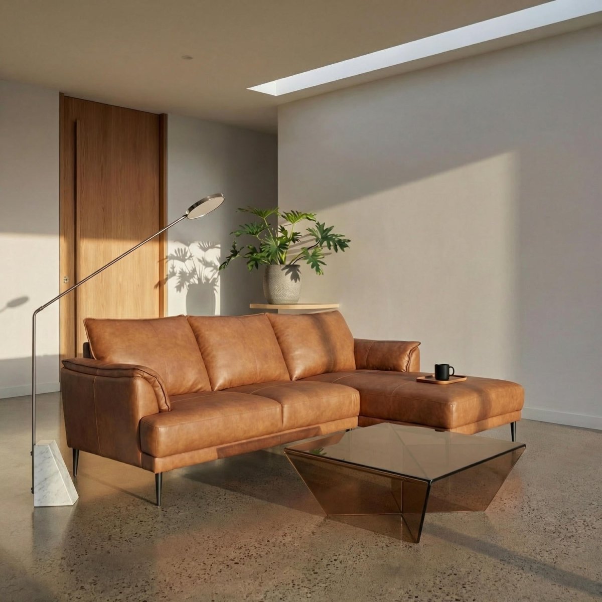 L-Form Ledersofa mit Ottomane Rechts - Echtleder Cognac Braun