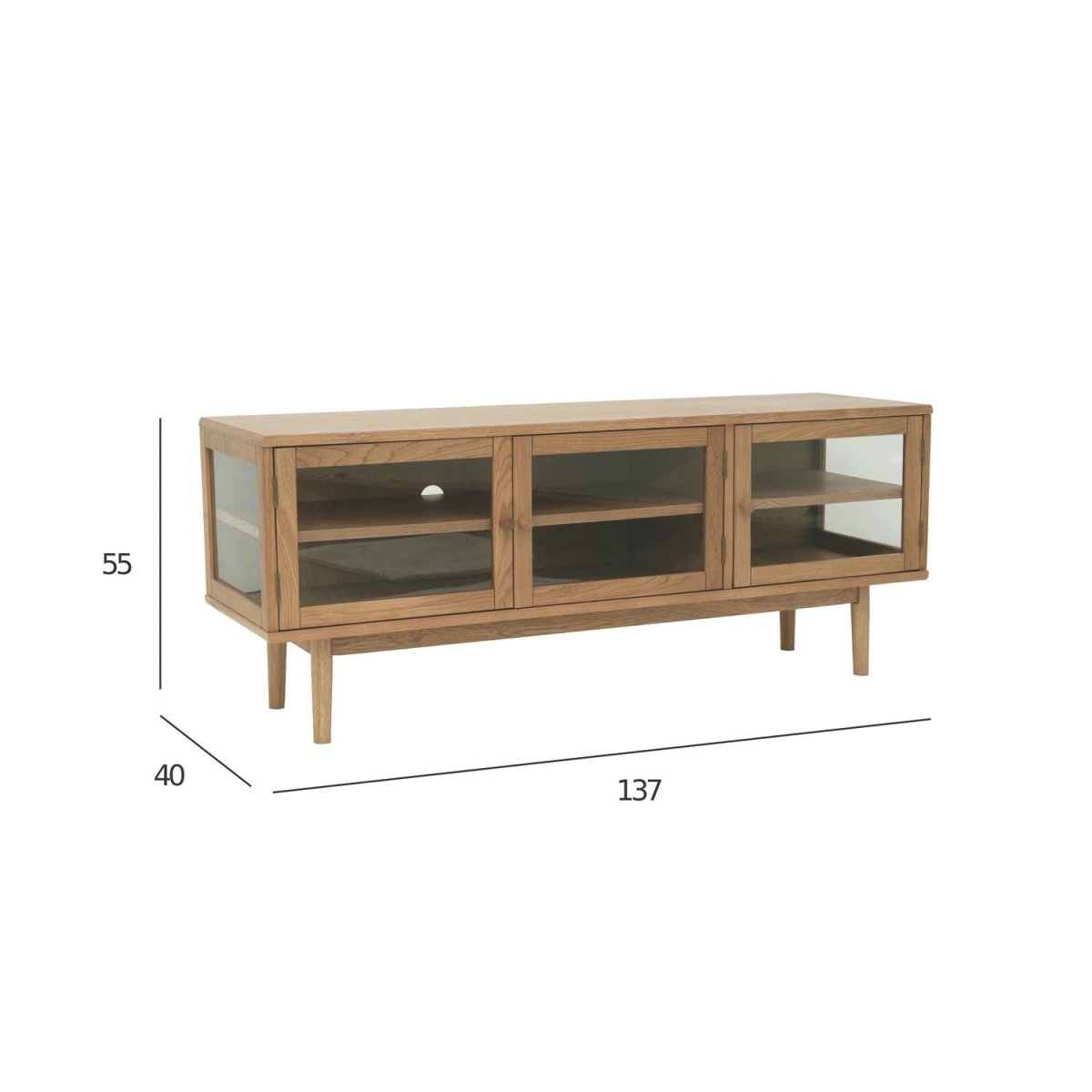TV-Tisch mit 3 Glastüren - 137 cm breit - Wildeiche